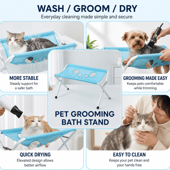 Pet Bathing Hammock Stand Foldable Dog Cat Grooming Drying Table Breathable Mesh Bath Helper for Small Pets